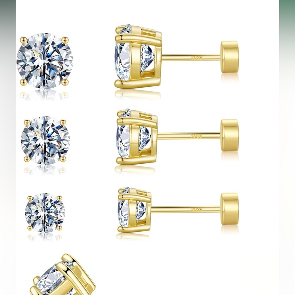 MOOSEA 3 Pairs Moissanite Earrings Studs Gold NEW
